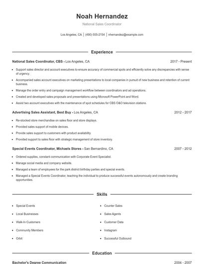 National Sales Coordinator Resume