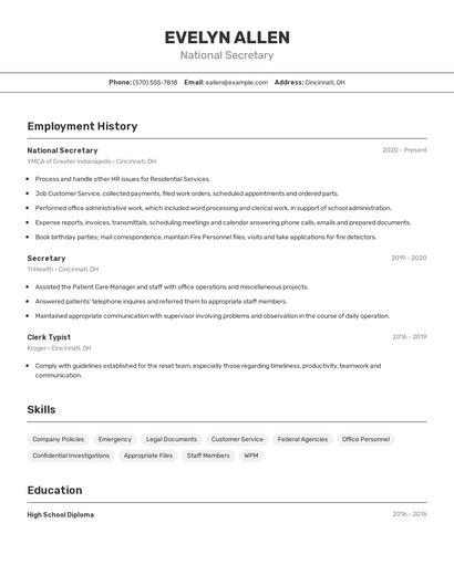 National Secretary Resume