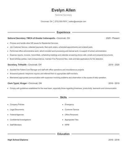 National Secretary Resume