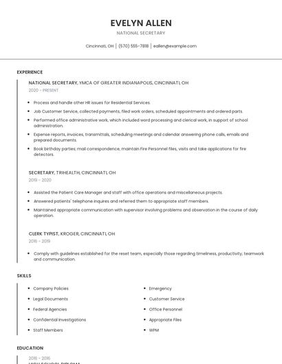 National Secretary Resume