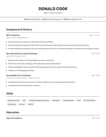 NDT Technician Resume