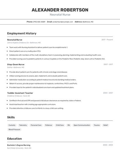 Neonatal Nurse Resume