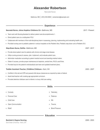 Neonatal Nurse Resume