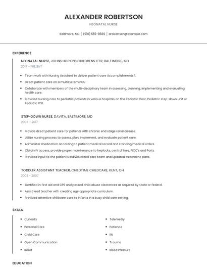 Neonatal Nurse Resume