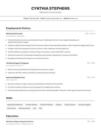 Network Contractor Resume
