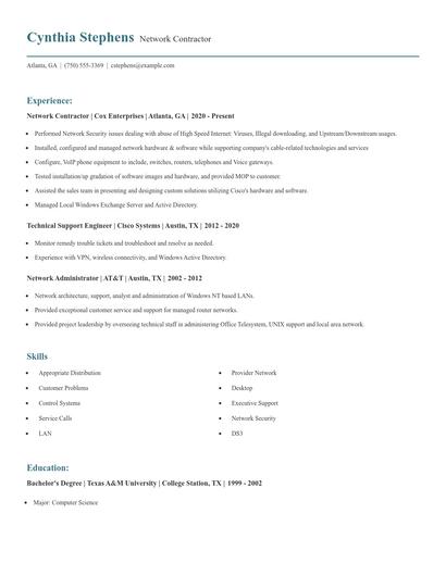 Network Contractor Resume