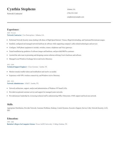 Network Contractor Resume