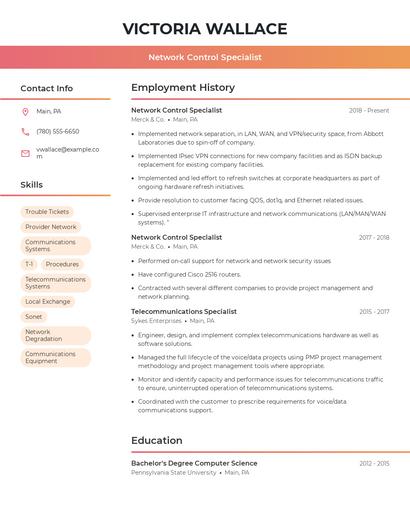 Network Control Specialist Resume