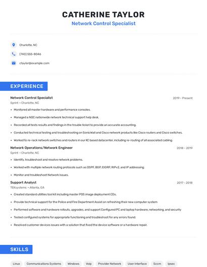 Network Control Specialist Resume