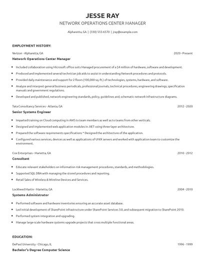 Network Operations Center Manager Resume