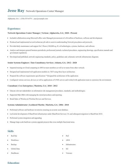 Network Operations Center Manager Resume