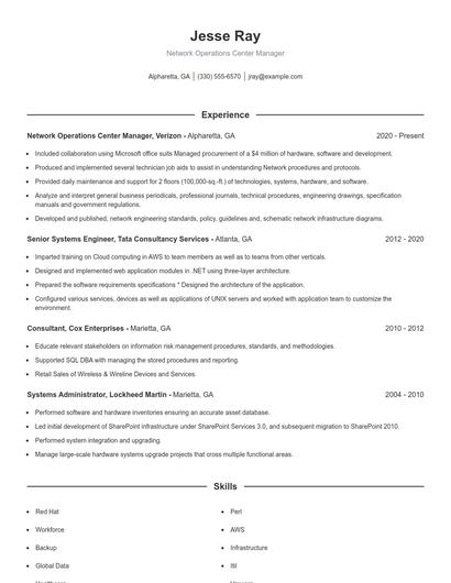 Network Operations Center Manager Resume