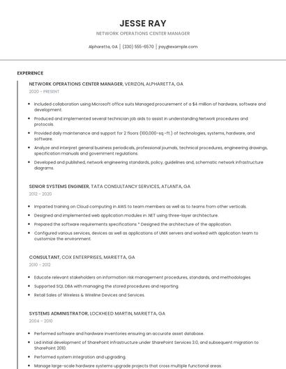 Network Operations Center Manager Resume