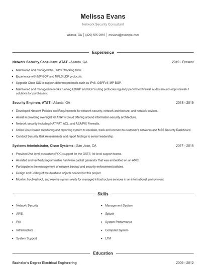 Network Security Consultant Resume