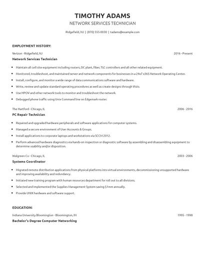 Network Services Technician Resume