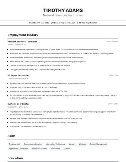 Network Services Technician Resume