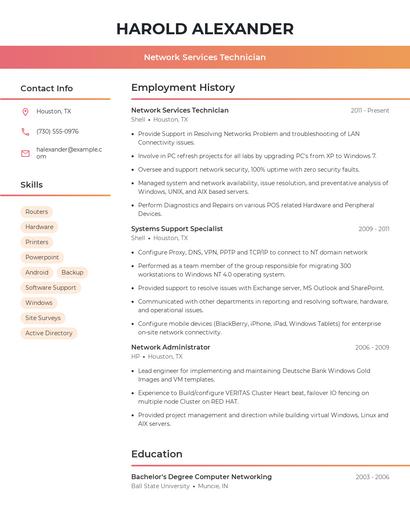 Network Services Technician Resume