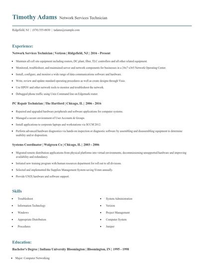 Network Services Technician Resume