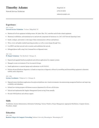 Network Services Technician Resume