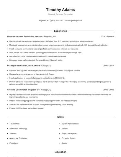 Network Services Technician Resume