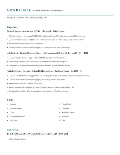 Network Support Administrator Resume