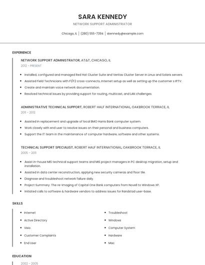Network Support Administrator Resume