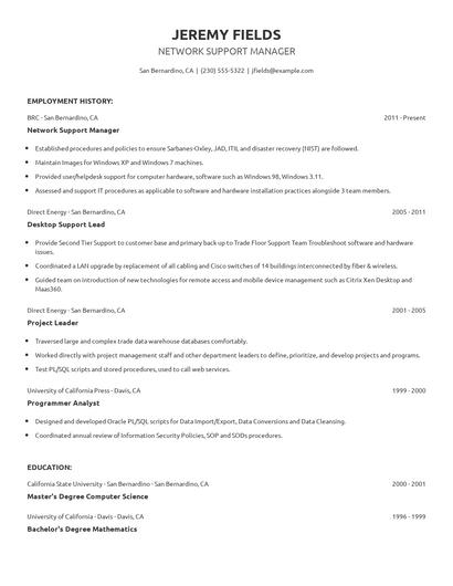 Network Support Manager Resume