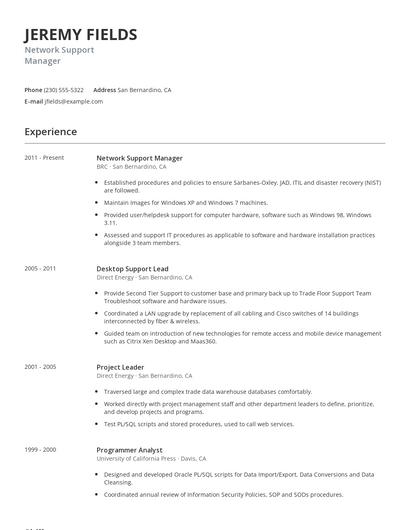 Network Support Manager Resume