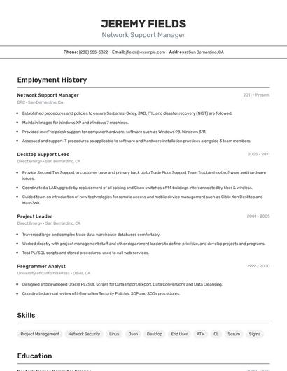 Network Support Manager Resume