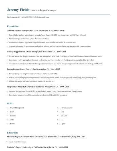 Network Support Manager Resume