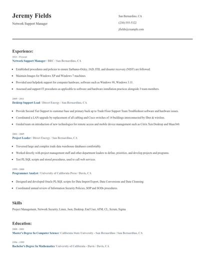 Network Support Manager Resume