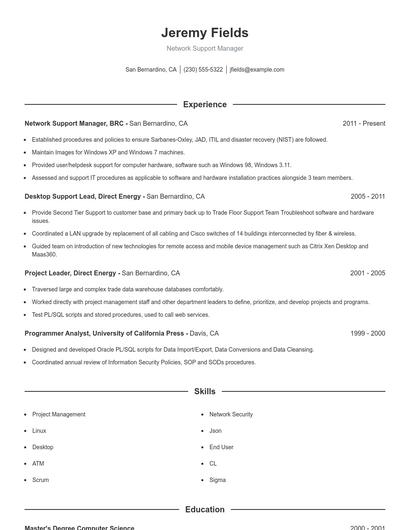Network Support Manager Resume