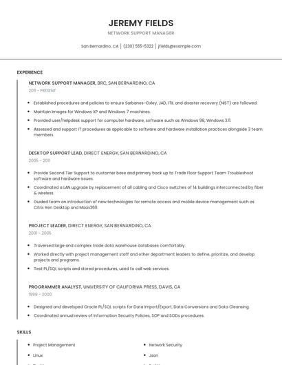 Network Support Manager Resume