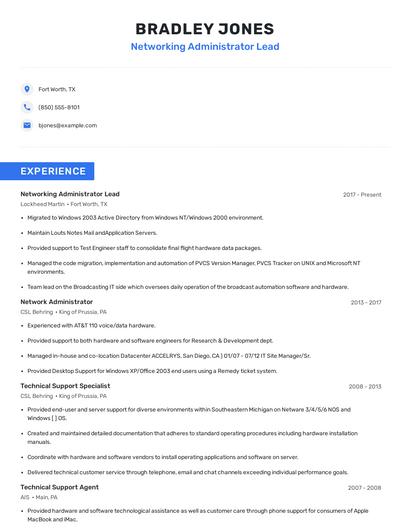 Networking Administrator Lead Resume