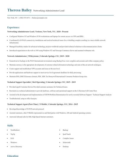 Networking Administrator Lead Resume