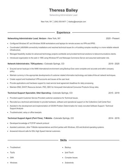 Networking Administrator Lead Resume