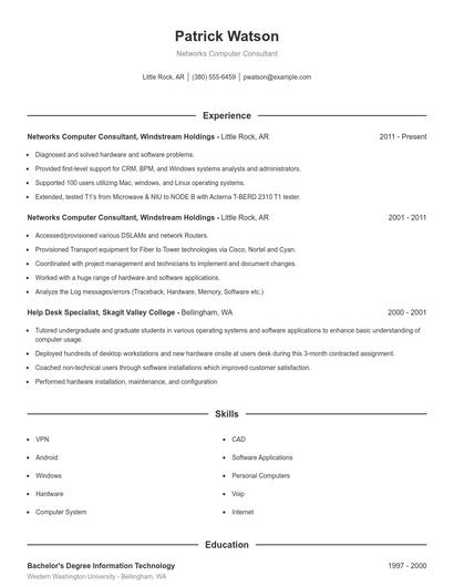 Networks Computer Consultant Resume