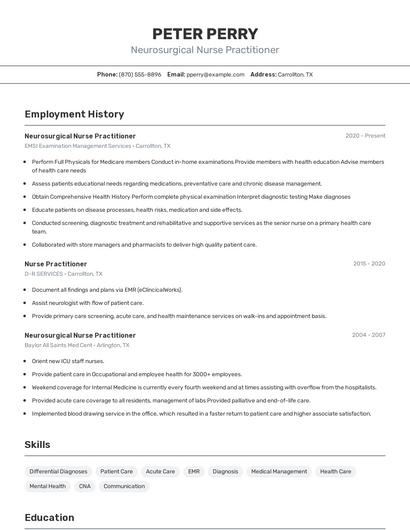 Neurosurgical Nurse Practitioner Resume