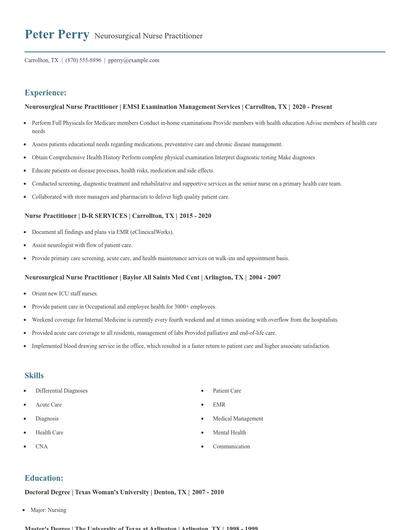 Neurosurgical Nurse Practitioner Resume