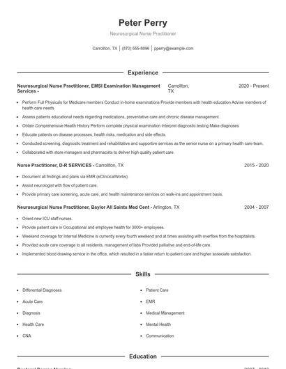Neurosurgical Nurse Practitioner Resume