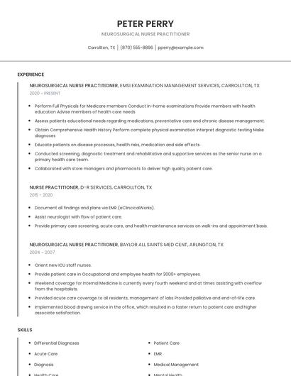Neurosurgical Nurse Practitioner Resume