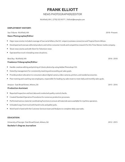 News Photographer/Editor Resume