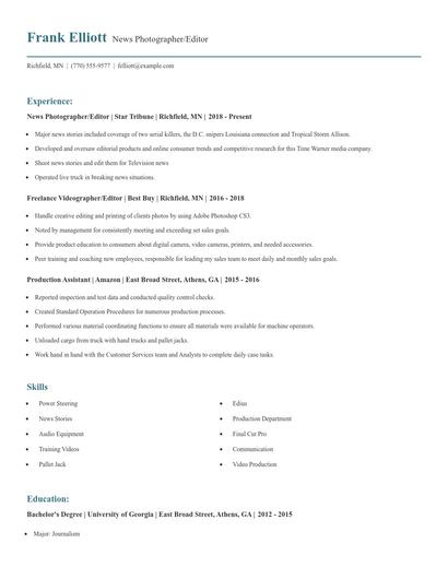 News Photographer/Editor Resume