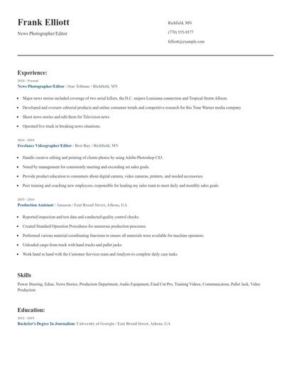 News Photographer/Editor Resume