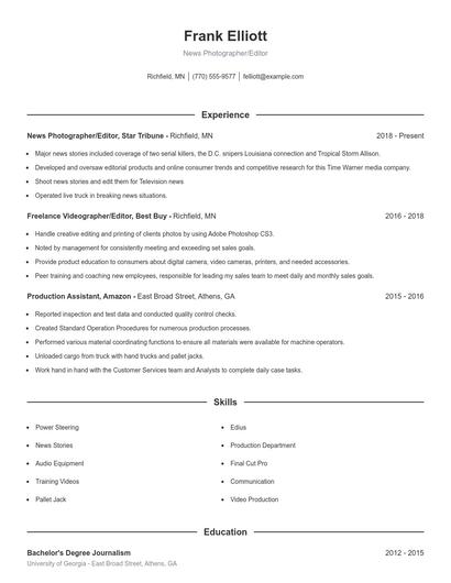 News Photographer/Editor Resume
