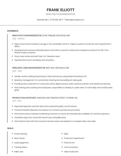 News Photographer/Editor Resume