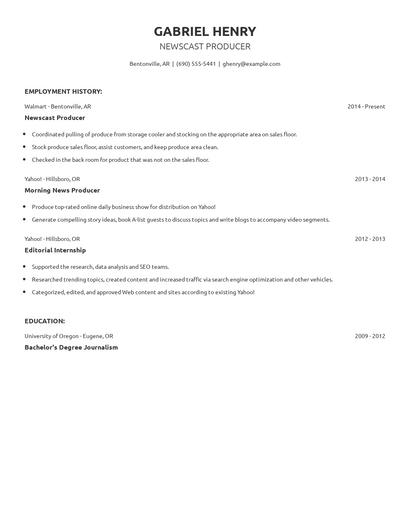 Newscast Producer Resume