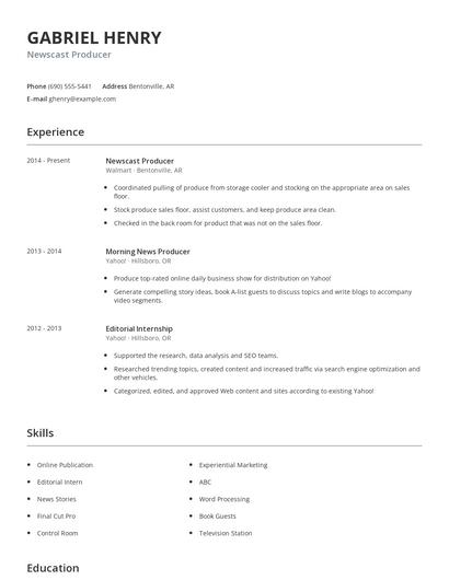 Newscast Producer Resume