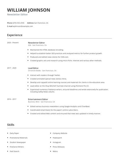 Newsletter Editor Resume