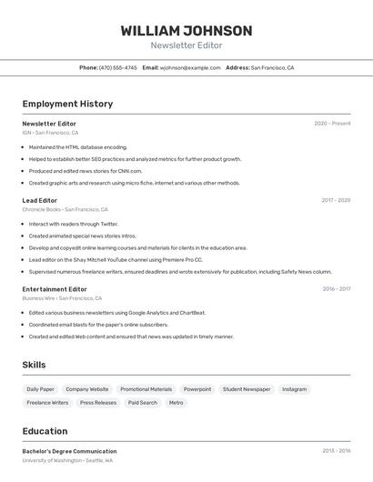 Newsletter Editor Resume